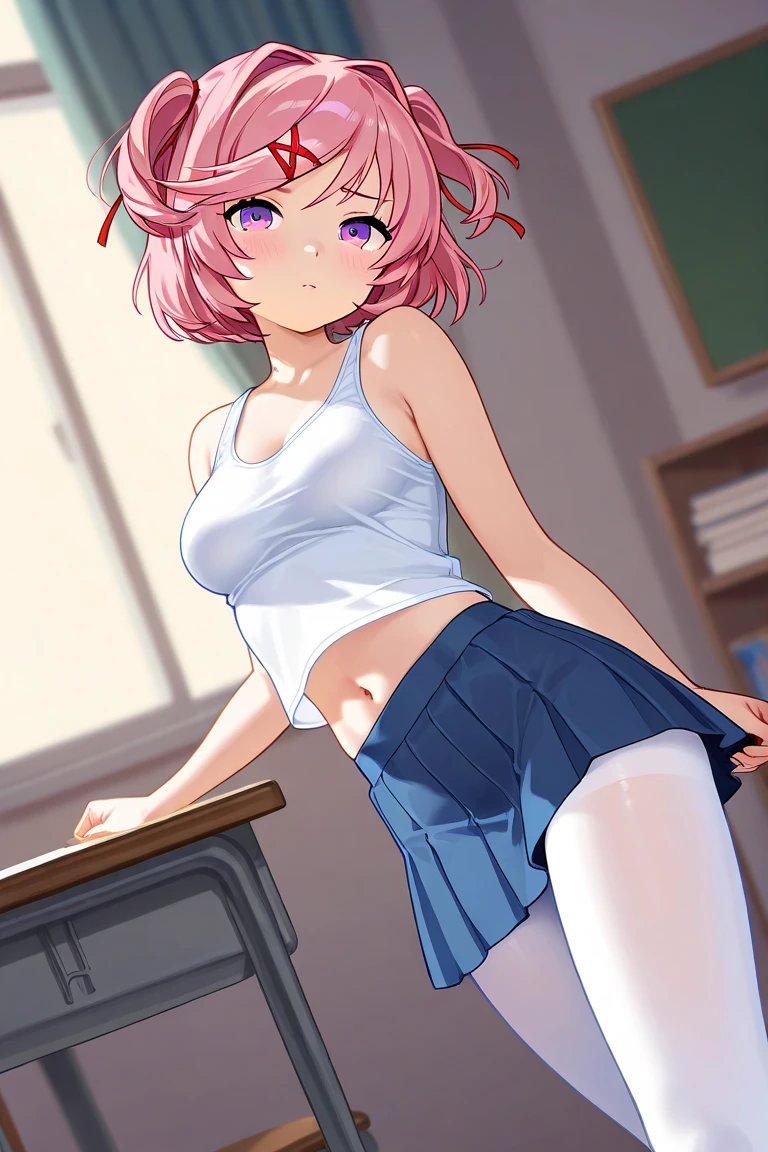 Close up shot, cute , short deep pink hair, pink eyes, sexy eyes, eyeliner, intense eye contact, small nose, dark lipstick, full lips, orgasmic face, sleeveless T-shirt, shorts, flat chest, small waist, (wide hips:1.1), (thick thighs:1.2), thigh high socks, on a desk, classroom,