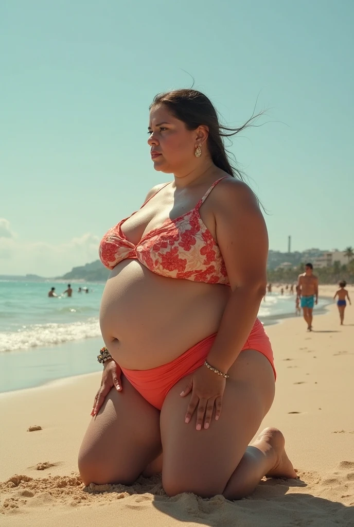 Lara croft, bikini, pouting, angry, red lipstick, uncomfortable frown, chubby body,bbw, morbidly obese, fat, Big pregnant round belly