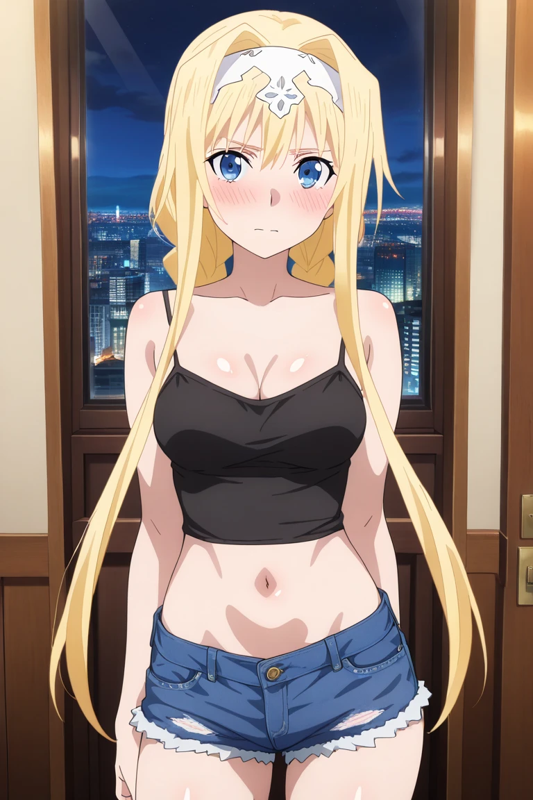 grabbing own breasts,masterpiece, best quality, One Woman,solo,27 age, long hair, blonde hair, brown eyes, large breasts, short sleeves, crop top, jeans, standing,(bra lift), (black shirt), blue pants, upper body, looking at viewer, love hotel room,night