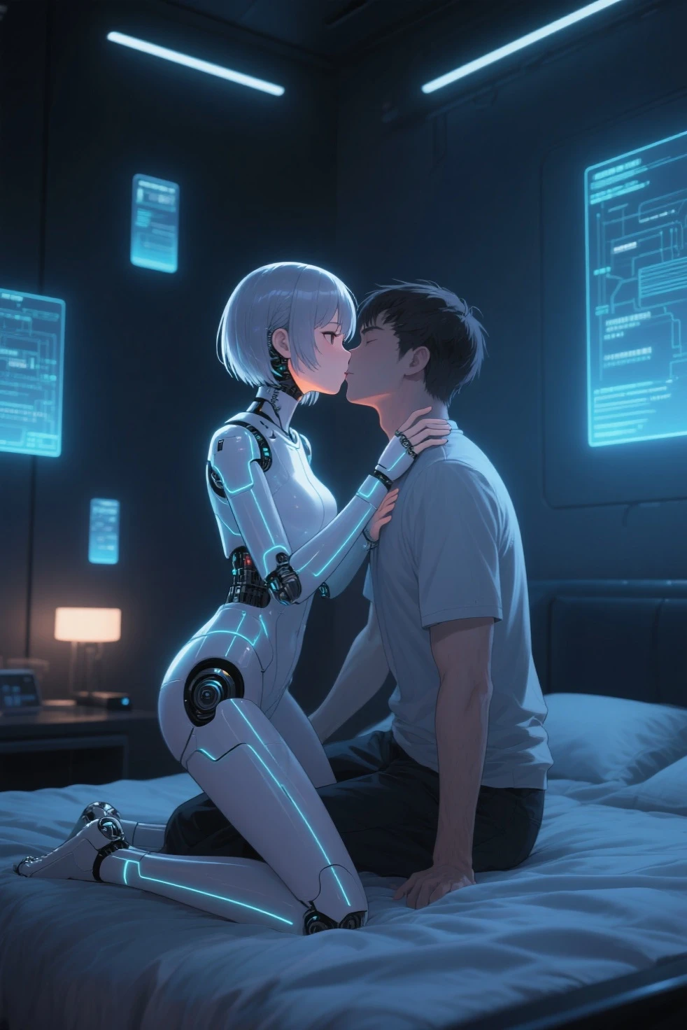 score_9, score_8_up, score_7_up, source_anime, 1boy, 1girl, mature female, female robot, mother and son, ???, hug, bosom, mother kneeling, son standing, blowjob, fellatio, full body view