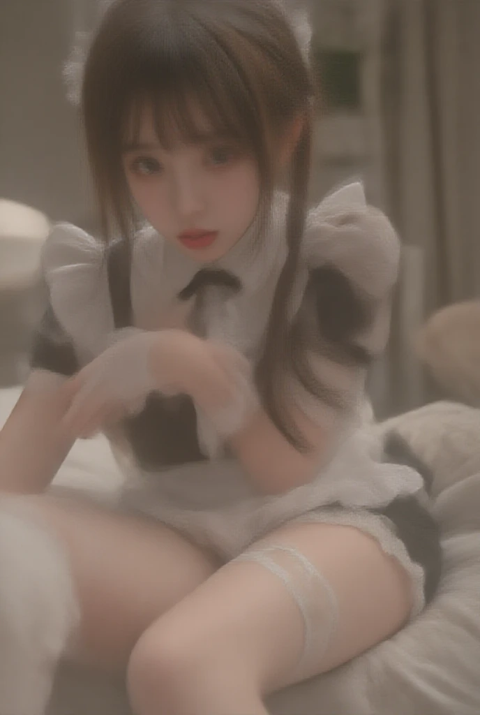 solo, (korean:1.2),1 girl,
(sharp focus:1.4), (photorealistic:1.4),
(intricate maid clothes:1.4), white maid apron, layered clothes, puffy sleeves,
(doggy position), barefoot, face focus, on the bed,
(black leather choker ), long hair, brown hair, curvy wave half twin tails, hair ties,
indoors, cozy bed,
(smile:1.1), (realistic humid skin:1.2), (beautiful face:1.1), detailed eyes, detailed face,(breasts:1.2), black eyes, makeup,
depth of field, best quality, ultra high res, (photorealistic:1.4), (ulzzang-6500:1.0),((puffy eyes)), full body, (pink lipstick,:1.1) <lora:jrkjs-v0:1>
