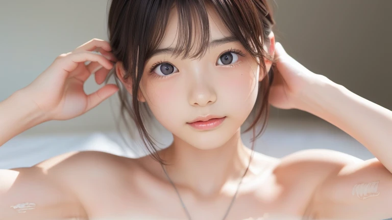 NSFW, 8k, High-level, absurd, masterpiece, best quality, primitive, very detailed CG, very detailed wallpaper, perfect lighting, Extremely detailed (((The personifying " Minami Hamabe " as a Little Girl))), MysticSight, Tyndall effect, Tyndall scattering, Studio gray background with (many Dazzling RainbowColor particles BokeH:1.28), (RoundlyButts, ThighGap), (Exposed:0.4), (Assfocus with looking ahead), BREAK (NOGIZAKA face variations) Extremely Detailed very KAWAII face variations, perfect anatomy, Childish, captivating gaze, elaborate detailed Eyes with (sparkling highlights:1.28), long eyelashes、Glossy RED Lips with beautiful details, Coquettish tongue, Rosy cheeks, Radiant PearlSkin with clear transparency . { (Dynamic LifeLike expressions:1.4) | :d) }, (large eyes:-1) .