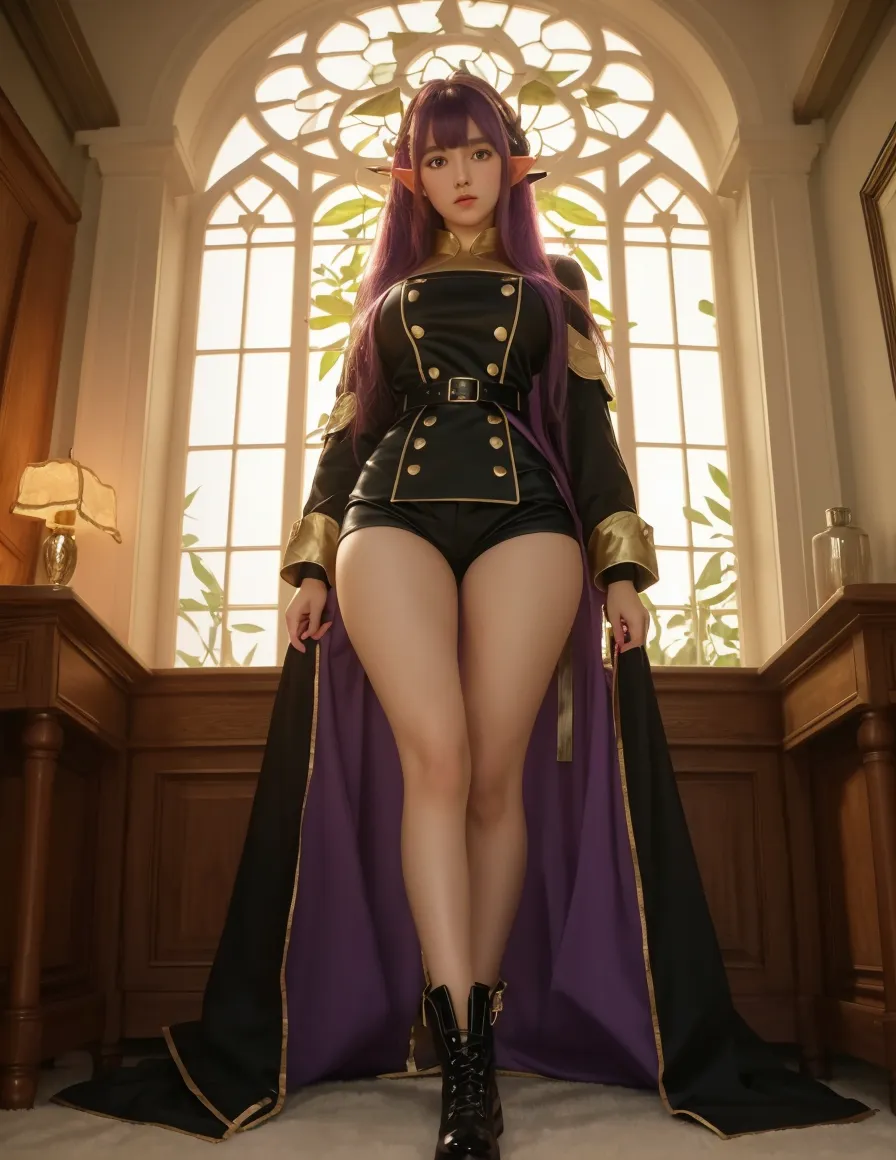 cute elf girl, (violet hair), ((very long hair)), perfect face, (yellow eyes), (naked), ((flat chest)), ((21 years old)), skindentation, extreme detail, attractive angular face, red lips, pink nipples, glossy skin, detailed hair, full body, close-up chest, ornamental gold necklace, gold earrings, ((1 girl)), embarrassed expression, innocent smile, (high heels), standing, long legs, ((slender)), ((petite)), blush,