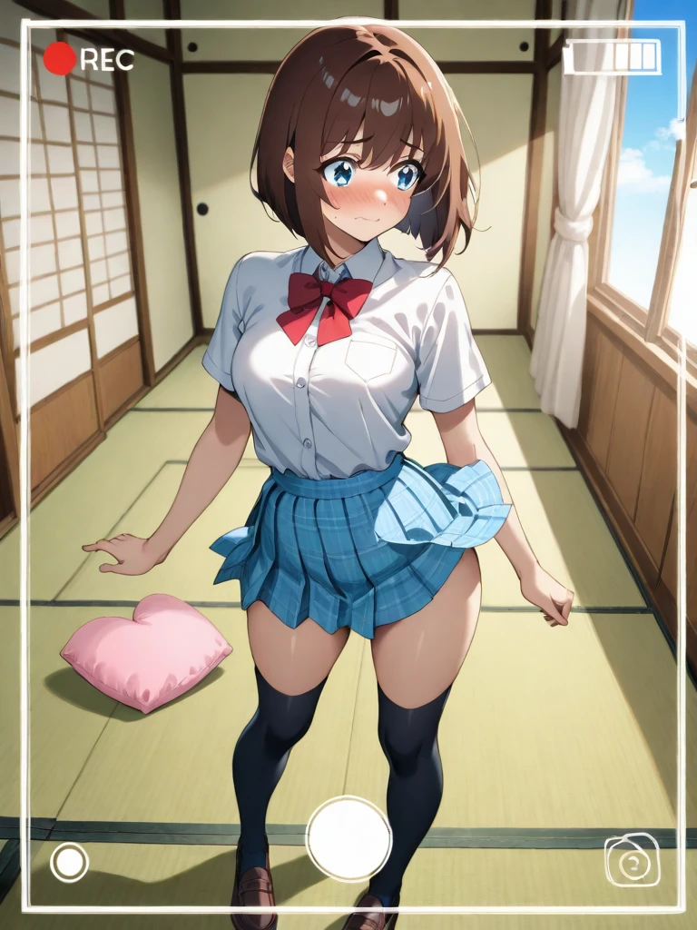 ( comic cover:1.3),( anime magazine),( masterpiece), best quality, expressive eyes, perfect face, highres, from below, cinematic angle, medium breast, solo, 1girl, kumiko oumae brown hair, short hair, brown eyes, kitauji high school uniform, serafuku, blue sailor collar, pink neckerchief, background, classroom, standing, leaning forward, open legs, on floor, portrait, looking at the viewer, embarrassed, blush,( detailed panties),( skirt lift:1.2), panty shot,  close-up panties,