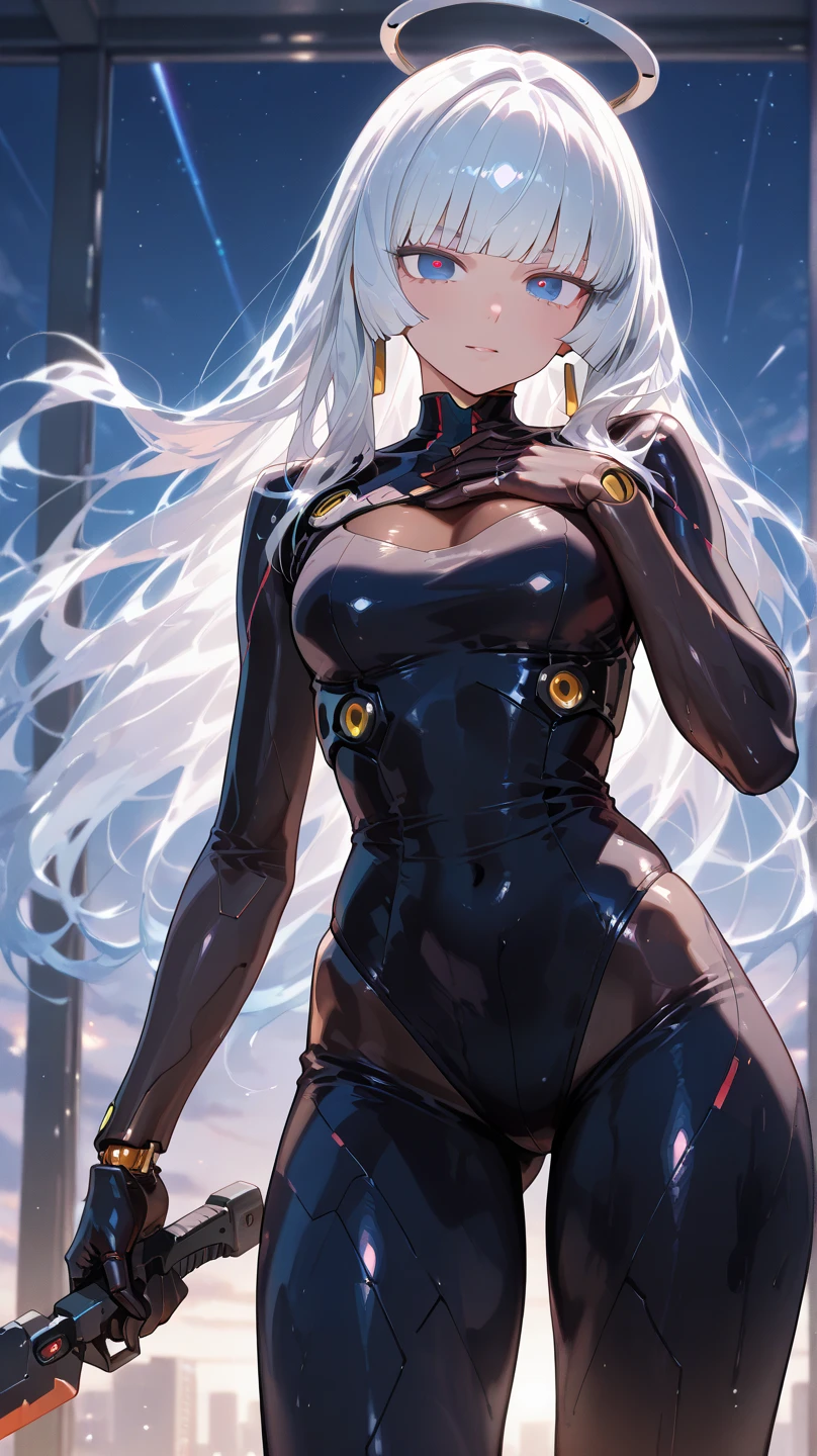 1girl, dark skin, dark-skinned female, white hair, long hair, wavy hair, bodysuit, white bodysuit, black pantyhose, pantyhose, large breasts, thick thighs, hourglass figure, neon lights, futuristic, tech, science-fiction, yellow eyes, smile, toned, long sleeves