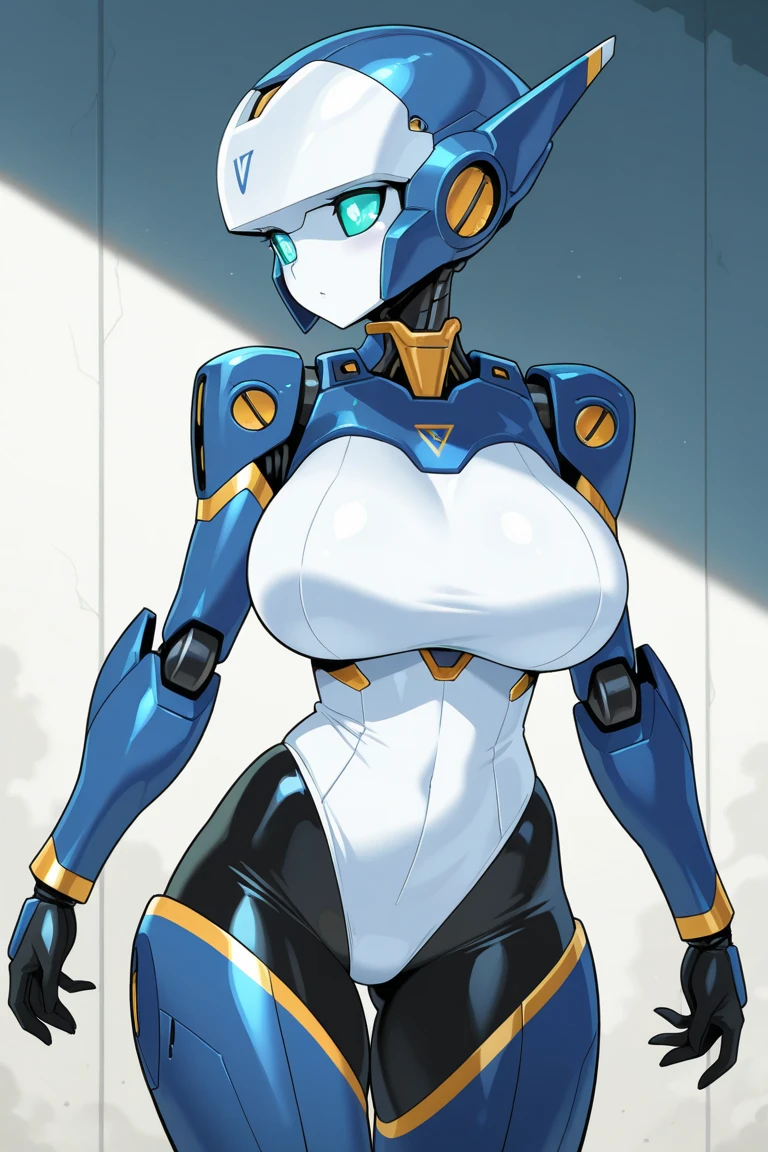 robot girl, humanoid robot, robot joints, huge breasts, no mouth, no nose