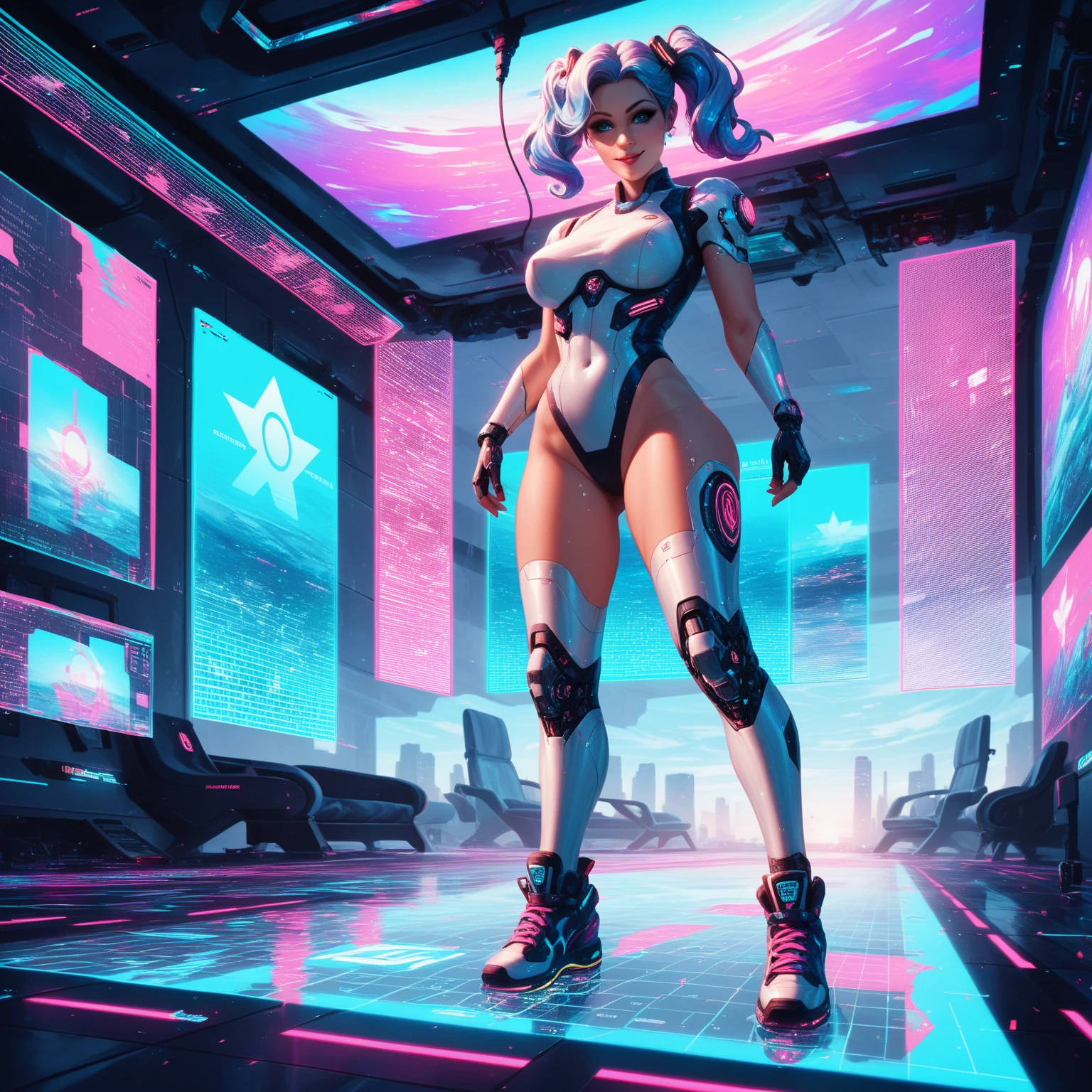 (high-res, professional, cyberpunk), striptease girl, vibrant neon lights, Pale skin, Navel tattoo, shiny latex outfit, cybernetic enhancements, Put hand into underwear, High heels, smoky atmosphere, seductive gaze, dramatic shadows and reflections, Dark background, electric blue and neon pink color scheme.