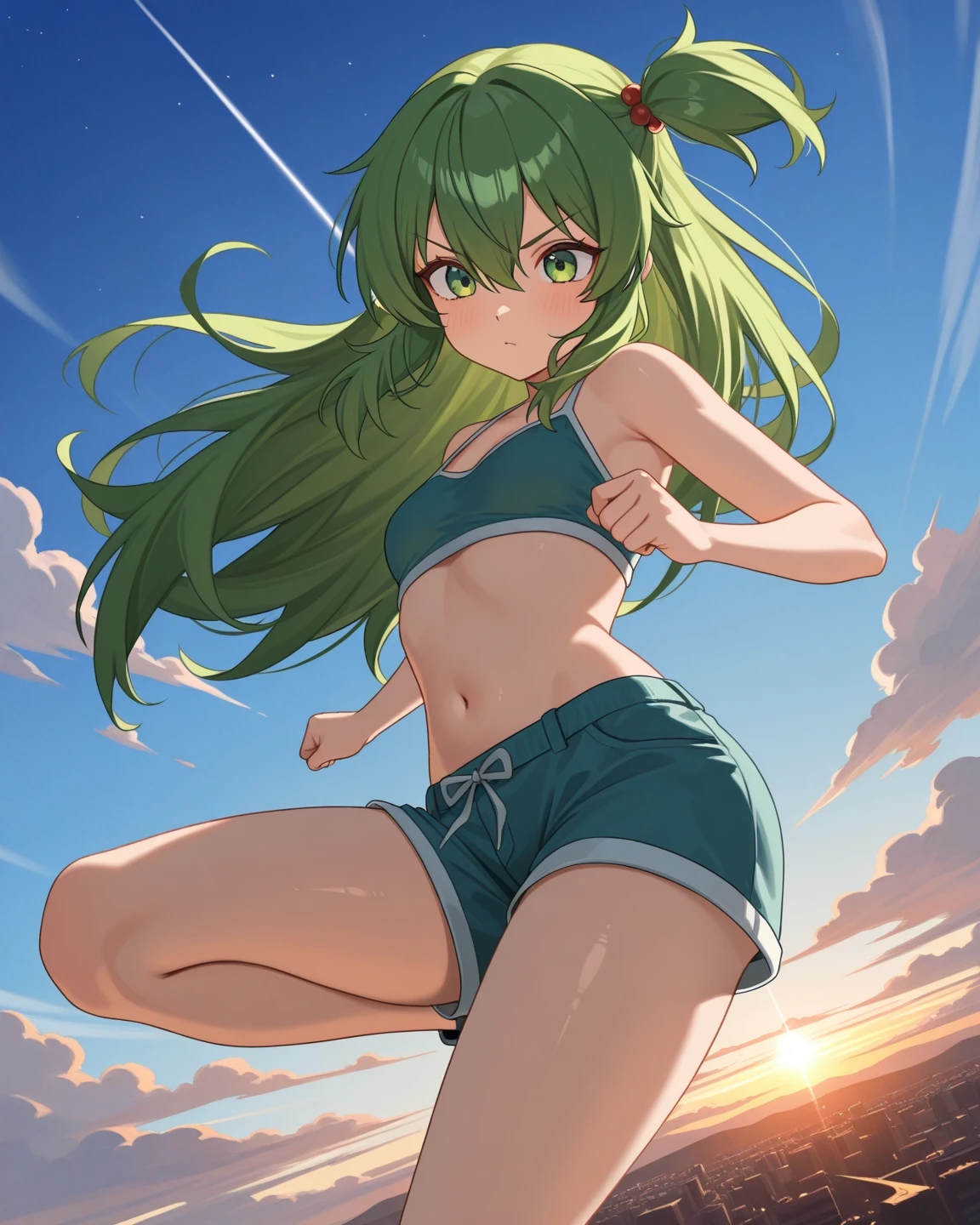 Green hair, folded ponytail, fine eyes, green eyes, masterpiece, sweat, soaked, best quality, hi-res, solo, wicked grin, ass facing you, running action and elegance, white sports short shorts, wet pants, white running shirt, wet shirt, sleeveless, braless, big, park, outdoor (en bikini) ("camisa mojada y de frente de la cámara") (en bikini ) (" mostrando tetas")( "su bikini transparente ")(( sin ropa interior)) (*tocandose una teta*)(("bikini pequeño más pequeño y trasparente")) (("posé sexy sacando la lengua"))  ((" en bikini blanco trasparente")) 