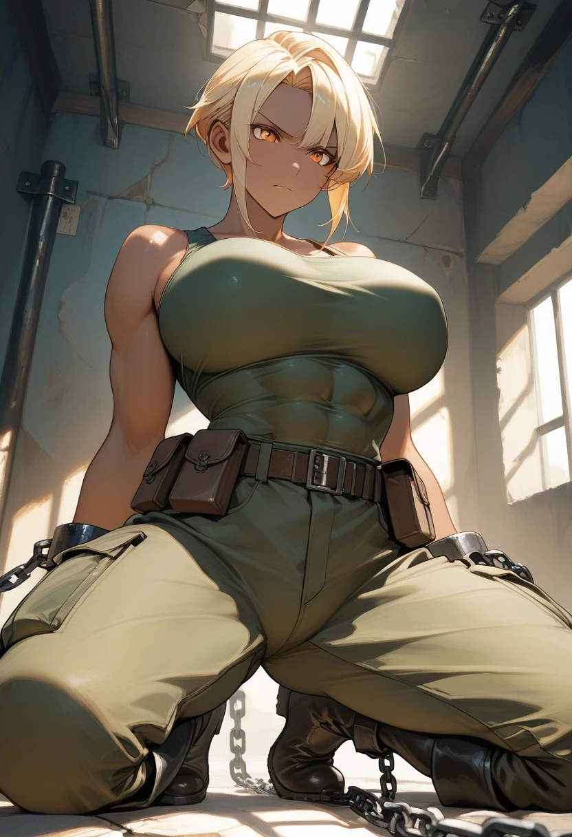 Masterpiece, Best quality, Tank uniform，tanks， Huge breasts，Short hair，Yellow hair，Blackening，evil，