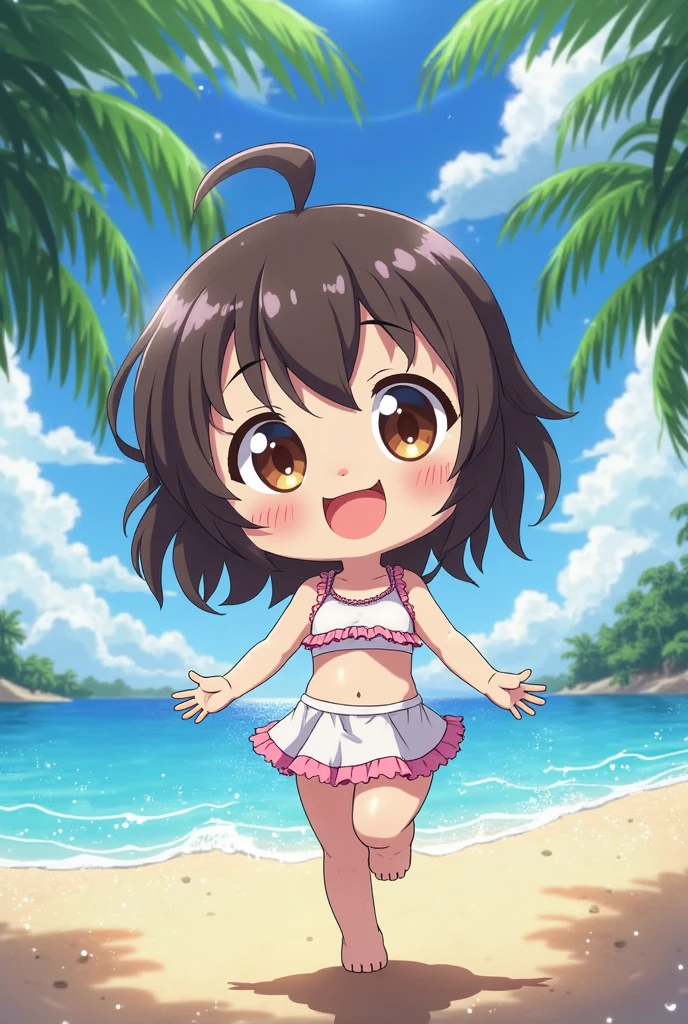 Photo realistic、Doll standing in front of the painting(Nendoroid)、頬にWater Drop、Joyful singing voice、Posing to splash water、Close one eye、Watercolor Nendoroid、(High definition figure)、Flowing iridescent silk、Close-up of face、Eyes up、Bikini Swimwear(Floral)、There are flowers in front of the Nendoroid、petal、Water Drop、season!!: summer☀ 🍂