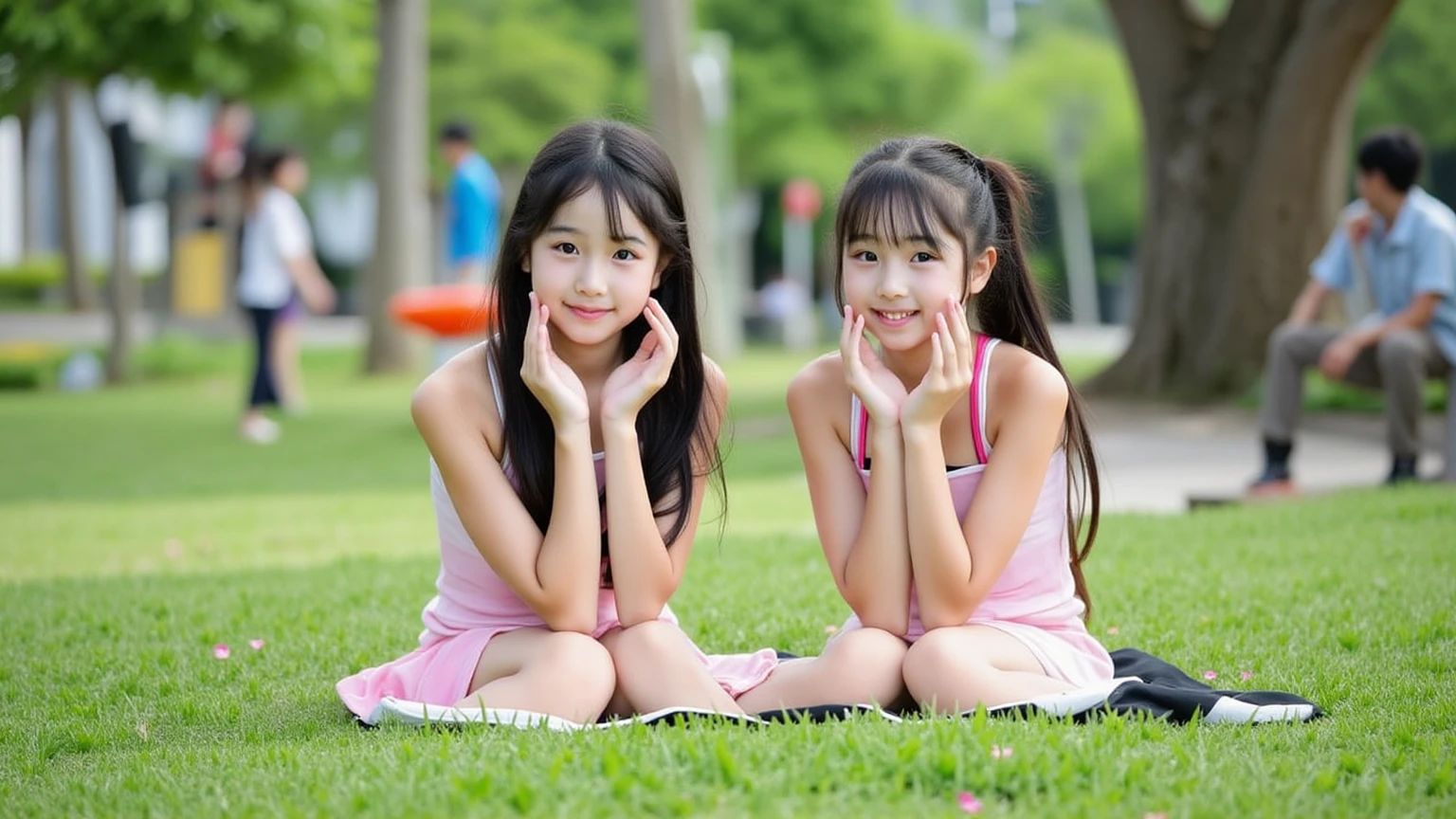 Very cute 10 year old twin girls(2 people)are having fun playing in the grassland、Tank top、camisole、one piece、mini skirt、Long Hair、Slim body、Beautiful legs、Beautiful body、high resolution、8K、(smile)