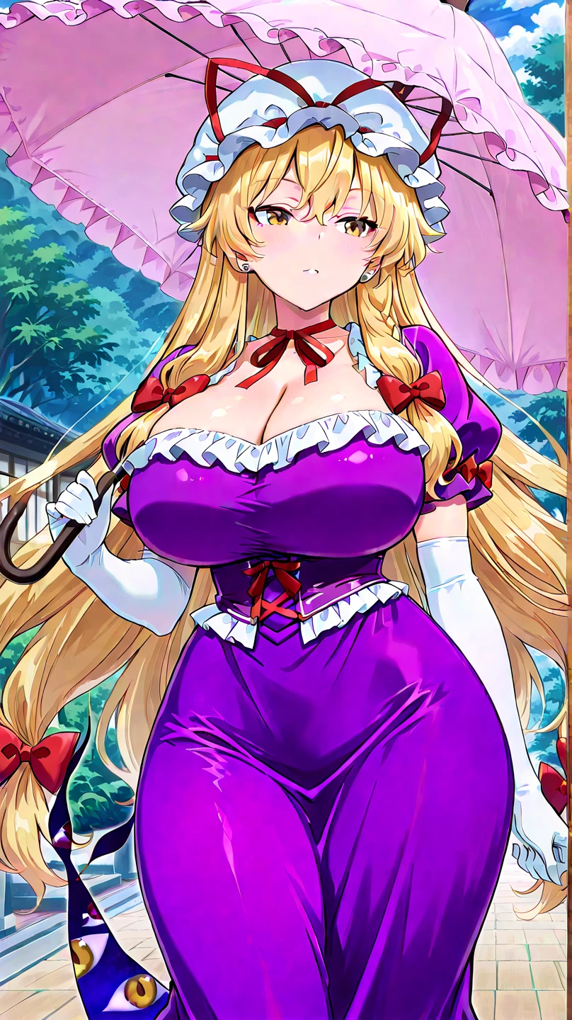 Masterpiece, Best Quality, (((Solo mature woman))), (((long blonde hair))),  (((wide hips))), (((beautiful blue eyes))), full lips, seductive smile, large chest, curvy, sexy, ((standing in garden)) (((wearing pink with white floral kimono))), [Janet], [Alice],  (((solo))), (((alone))), ((huge boobs)), (cleavage), crystal ball, bare legs,messy hair, curly hair, bracelets, earrings, necklace