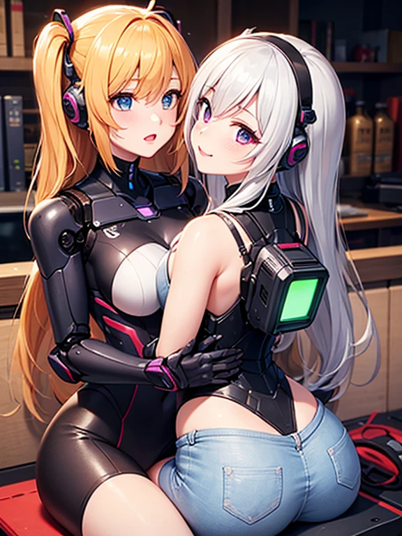 (2girls), red eyes, mature, (((white hair)))), both white hair, pigtails, long hair,, x ornament, big lips, pretty lips, ((gyaru)), gyaru hairstyle,good hips and long legs, hourglass shape, pretty face with arms and legs, 2 4 year old female model, sporty, photo of slim girl model, sexy, gamer girls, gamer, holding each other, gamer girl outfit, gamer girl headset