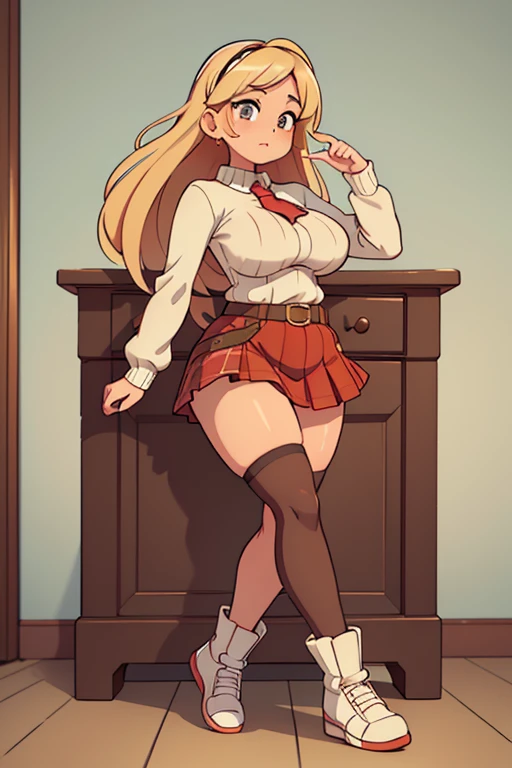(Best quality), (top quality), (masterpiece), (portrait), (aesthetic), (beautiful), (high quality), (professional angle), (rule of thirds), (Feminine), (woman), (female), (beautiful lady), (big ass), (long hair), (large breast), (masterpiece), (portrait), (aesthetic), (beautiful), (high quality), (professional angle), (rule of thirds), (Feminine), (woman), (female), (beautiful), (feminine features), (blonde) Drawing of a pudgy teen of late adolescence with rosy cheeks; brown eyes; very thick, fat, Rubenesque chubby legs; creamy blonde hair. She has muscular, toned, Rubenesque, curvaceous, thick, curvaceous legs. Her fat legs have varicose veins. white sweater, aran sweater, cable knit, detached sleeves, plaid skirt, pleated skirt, red skirt, belt, black thighhighs, white footwear, boots crouch low dip low twerking showcasing her swagger hip hop sunglasses