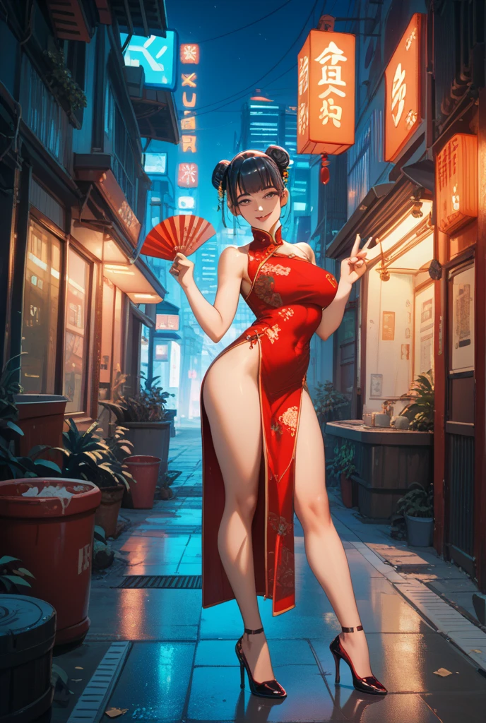 The image depicts Chun-Li in a red ((sheer fabric))Cheongsam with gold detailed embroidery accents and short skirt that allows freedom of movement for its powerful kicks. She also wears white socks and boots, further enhancing her sleek appearance. (((erect nipple))), ((areolas)), (Korean(kpop idol)), ((puffy eyes)), powerful Street Fighter fighters, in a dynamic and intense confrontation. fighters are immersed in a dynamic pose. displaying her agility and dexterity. She swings her leg back, bracing herself for a precise kick. Her long black hair floats in the wind, giving her an imposing appearance. The image is set in a nighttime urban setting, with neon-lit streets and tall buildings in the background. The bright lights cast dramatic shadows over the fighters, highlighting their tense muscles and determined expressions. Sparks and motion effects add a touch of dynamism to the scene, capturing the energy of confrontation. (nsfw:1.125)
