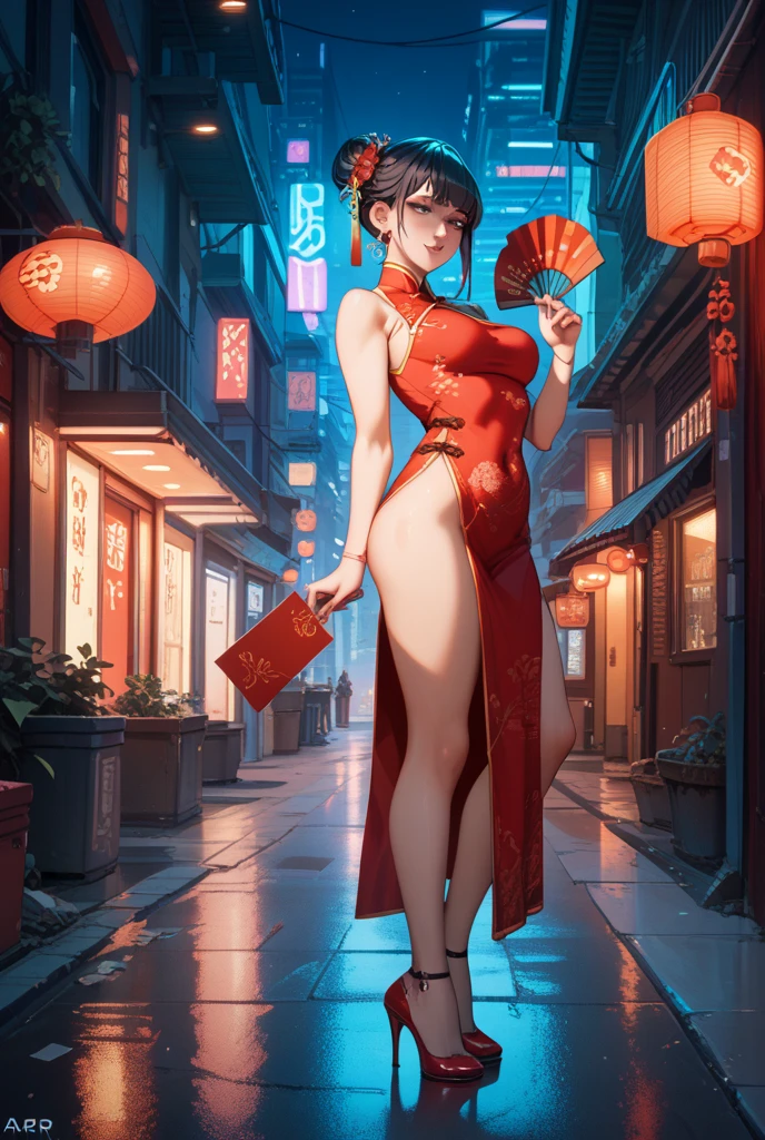 photo of a lady in a red (sheer fabrics:1.35)(loose:1.75)Cheongsam with gold detailed embroidery accents and (mini)skirt that allows freedom of movement. (see-through), ((medium saggy breasts)), chest cut-out, She also wears pantyhose and high heel, further enhancing her sexy appearance. (((erect nipple))), ((areolas)), (Korean(kpop idol)), ((puffy eyes)), in a dynamic and intense confrontation. dynamic pose. displaying her agility and dexterity. (high kick:1.25). Her long black hair floats in the wind, in a nighttime urban setting, with neon-lit streets and tall buildings in the background. The bright lights cast dramatic shadows over the fighter, highlighting their tense muscles and determined expressions, motion effects add a touch of dynamism to the scene, (nsfw:1.125)