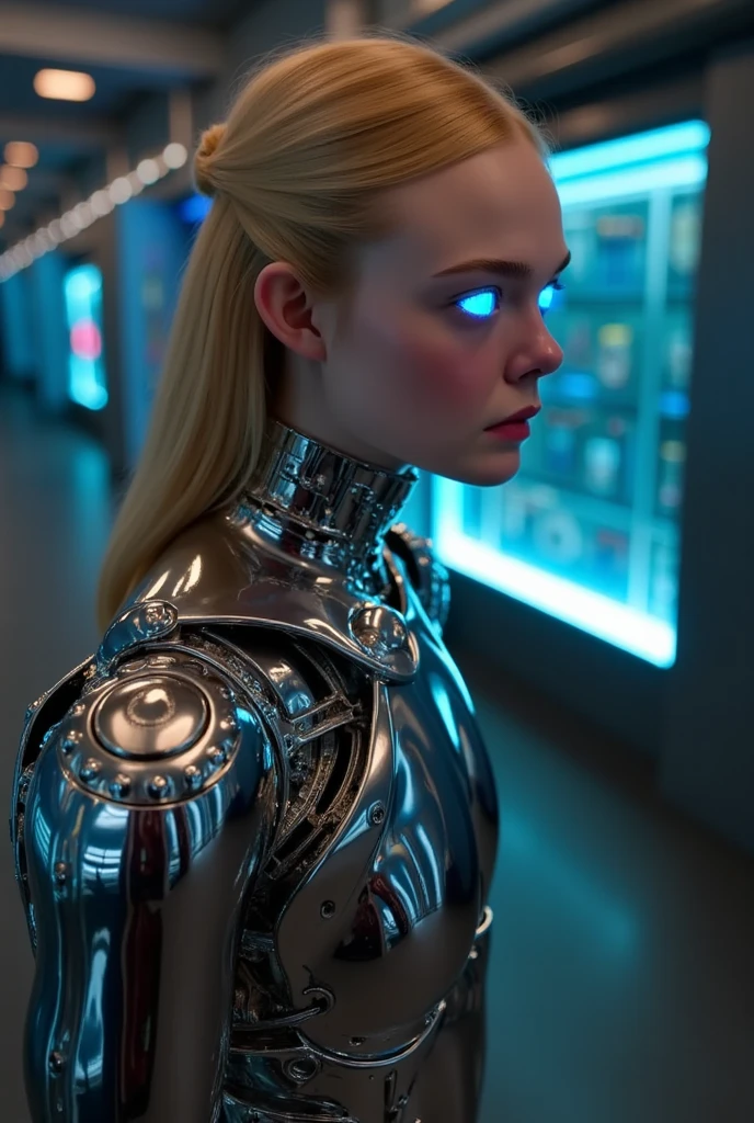 Full figure,full body shot,18 years old,wearing transparent science fiction clothes,exquisite face,details,hands,ultimate details,breathtaking grandeur,LED internal lighting,cyberpunk style,fibre optic hair,glowing blue iris, by Carel Willink