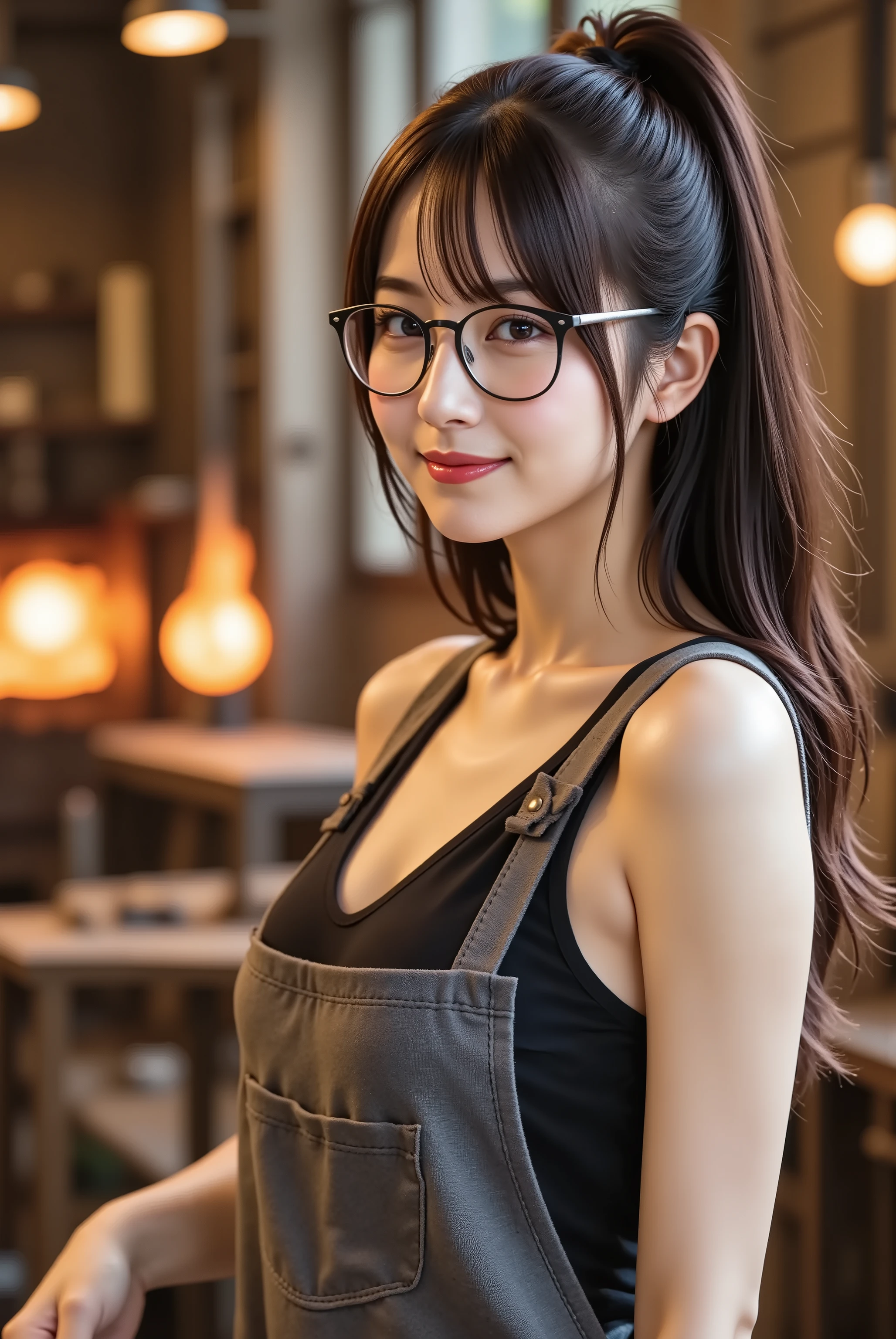 A 20-year-old Japanese woman with long, wavy, chestnut-brown hair tied securely in a high ponytail, a focused smile of intense concentration on her face, skillfully blowing into a long pipe to shape a piece of molten, glowing orange glass in a rustic, functioning glassblowing workshop. The workshop is filled with tools, benches, and the intense heat of the furnace (glory hole) is palpable. She wears a protective, dark grey, V-neck canvas work apron over a simple black tank top, which reveals her ample, round, and firm bust with visible cleavage, paired with durable, cut-off denim short pants and sturdy, closed-toe leather work boots. Protective glasses are pushed up on her forehead. Beads of sweat glisten on her temples. Medium: Digital photography. Style: Photorealistic, with a raw, industrial, and artistic feel, capturing the dynamic and dangerous beauty of the glassblowing process. Composition: Medium shot, capturing her in action from the side, focusing on her posture, the long blowpipe, and the glowing orb of molten glass. The fiery furnace provides a dramatic, out-of-focus backdrop. Aspect ratio is 3:2, landscape orientation to emphasize the length of the pipe and the workshop environment. Lens and Effects: 35mm f/2.0 lens, allowing for a wider view of the action while still maintaining a shallow enough depth of field to separate her from the background. The lens should handle the high contrast of the scene well, capturing a slight flare from the intense heat source. Lighting: Dramatic, high-contrast lighting primarily from the glowing, white-hot molten glass and the fiery orange light of the furnace, casting a strong, warm light on her face and body, creating deep shadows elsewhere. Ambient light in the workshop is otherwise dim. Color Palette: A fiery palette of intense oranges, reds, and yellows from the hot glass and furnace, contrasted against the dark, earthy, and metallic tones of the workshop and her attire. Level of Detail: Hyperrealistic intricate de