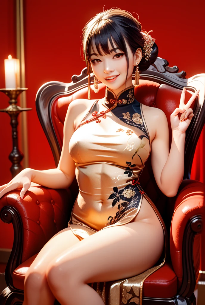 A very beautiful female empress, with yellow eyes, deep eyes, distant eyes, white hair, bob hair, with a young face. slim muscular body, but well proportioned, with pearly white skin, with cracked abdomen, perfectly shaped waist, fleshy but sensual legs. Dressed in traditional Chinese imperial clothing, decorated in gold with black details, big red skirt, red hanafuda earrings, black string sandal, black and gold clothes. on his knees, sitting on a bed in an ancient Chinese room with flashes of light reflecting off her sexy body. High definition.Sexy anime in 4K, full-body photos, sensual poses,hot body