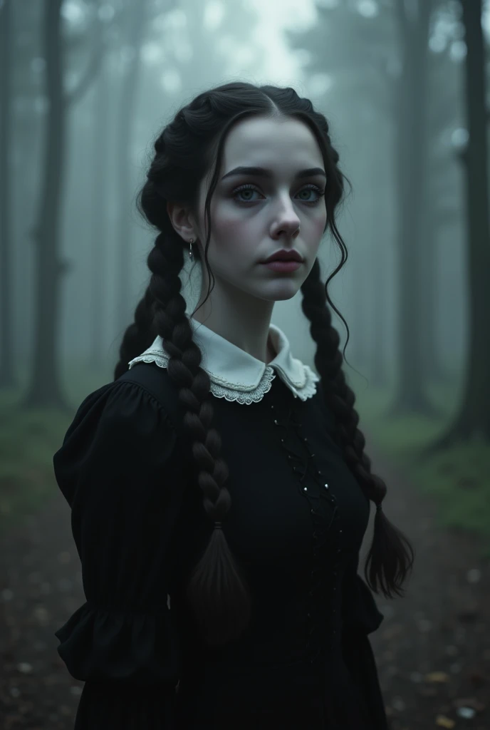 wednesday90 <lora:wednesday90:1>, a girl standing in front a forest, reading a book, black boots, looking at camera, pale skin, white skin, black clothes, black dress, full dressed, (main black color:1.4), black hair, twin braids, braids, white dress collar, best quality ,masterpiece, ultra high res,photorealistic,1girl, (european:1.5), expressionless, from a distance shot, wider shot, particles, dark clouds, rain, cold, breath condensation, breath mist, visible breath condensation, snowing, snow flakes, mountainous background, snowy mountains,cinematic look, magical atmosphere, augmentations, insane details, cold hues, gothic setting, fair blue filter, well-lit
