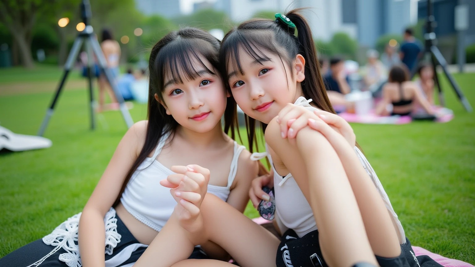 Very cute 10 year old twin girls(2 people)are having fun playing in the grassland、Tank top、camisole、one piece、mini skirt、Long Hair、Slim body、Beautiful legs、Beautiful body、high resolution、8K、(smile)