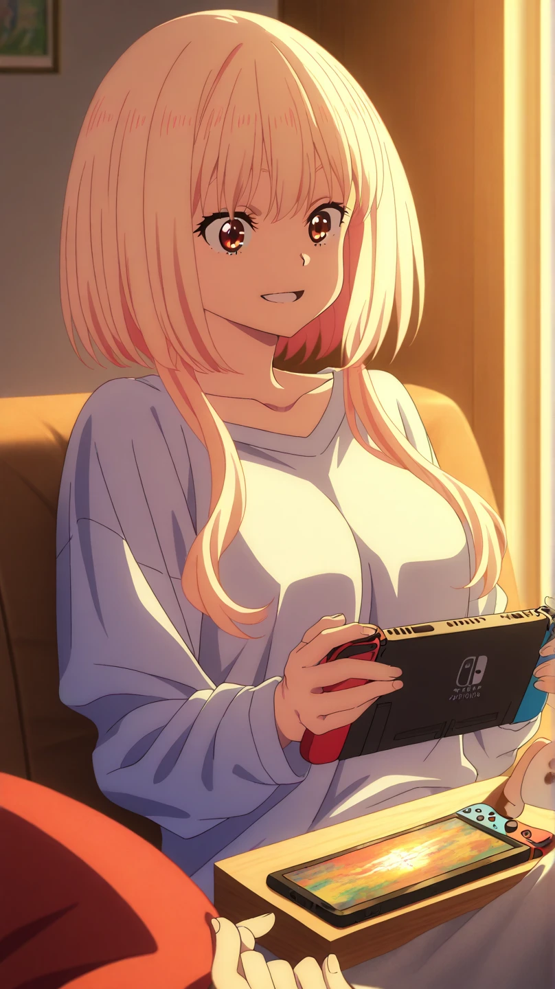 The girl is looking at her (iPhone:1.4), lying on back, on the sofa,
cute, , big breasts, wearing knit, off-shoulder,
in my room, cushion,
(cute illustration:1.2), high-resolution, ultra-detailed, best quality, smile,