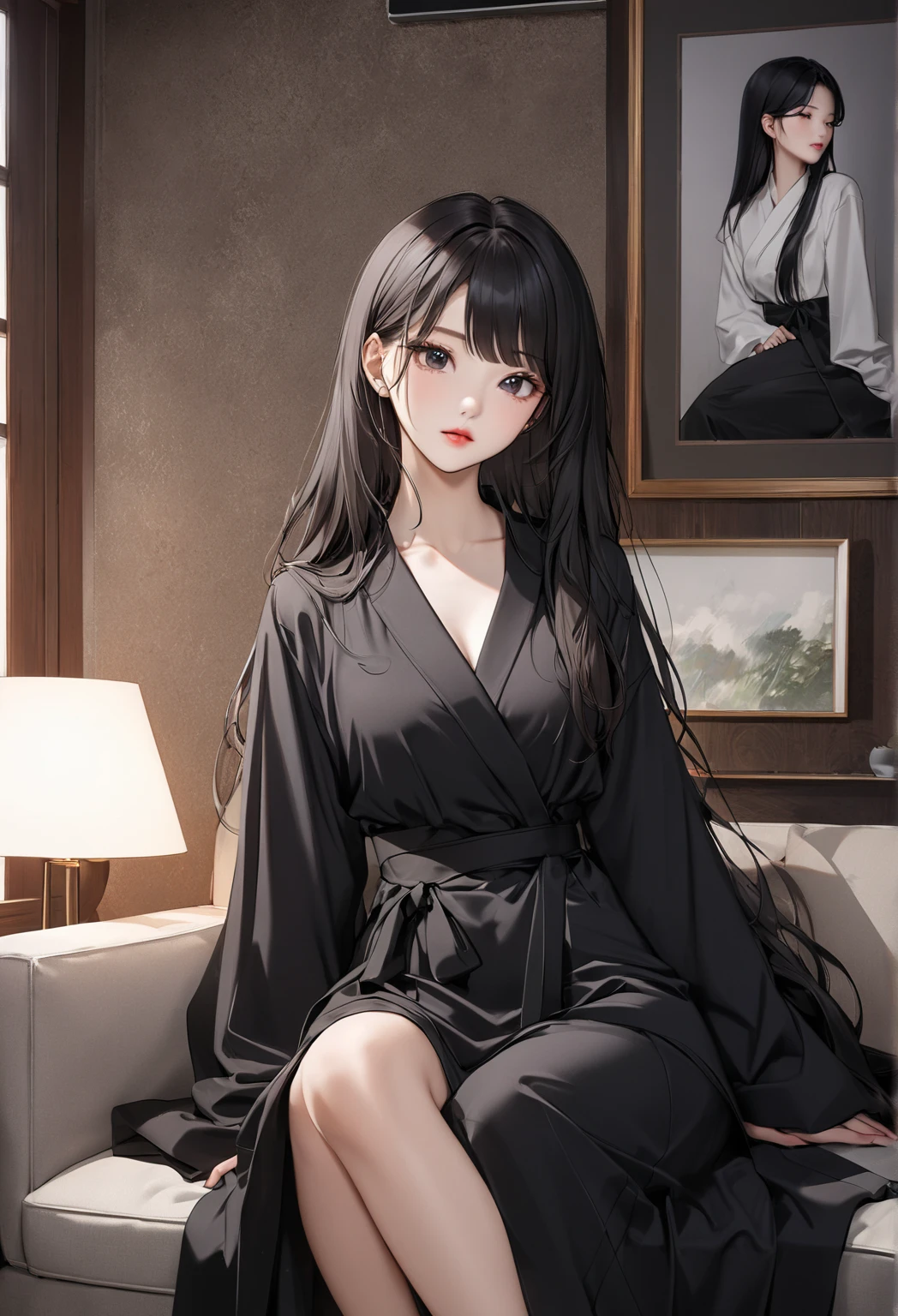 1woman, beautiful, kind and pretty face, a little embarrassed, a nice body, nice curves not too accentuated, long and wavy black hair, big black and bright eyes, she is wearing a knee-length skirt, a light shirt with one button undone, she is sitting on the sofa with her legs resting on top, bent almost under her bottom, she is very sensual, ((best quality)), ((masterpiece)), (detailed), (perfect face)