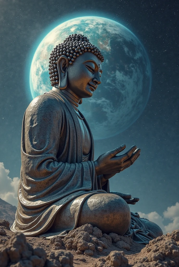 Maitreya, Maitreya Buddha, Maitreya, a large golden Buddha statue sitting in a room with a blue ceiling and a background of blue sky, clouds, above_clouds, airship, aurora, bridge, building, castle, chimney, city, city_lights, cityscape , clock, clock tower, clouds, cloudy sky, constellations, crescent, desert, earth_\(planet\), fireworks, floating islands, fountains, galaxies, glowing, houses, islands, lampposts, lanterns, light particles , galaxy, moon, mountain, night, night sky, no_humans, planet, landscape, meteor, sky, skyline, skyscraper, snow, snowing, space, star_\(sky\), star_\(symbol\), starry_sky, starry_sky_print, telescope, tower, town, twilight, ship