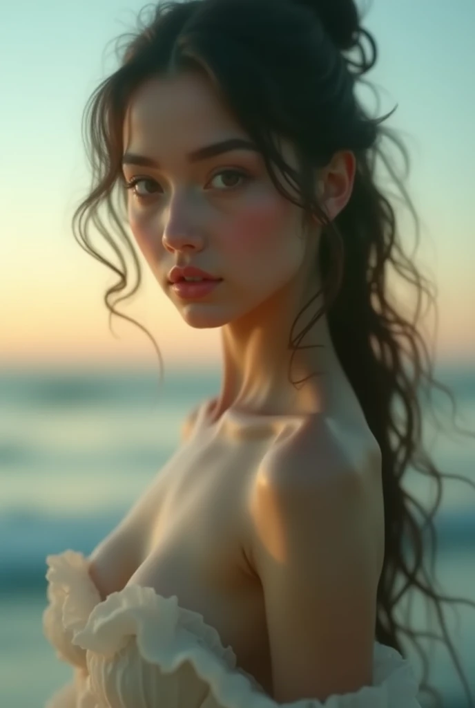 8K, masterpiece, RAW Photos, Highest quality, Realistic, Very detailed, Depth of written boundary, Cinematic Light, Anatomically correct body, 
An elegant and beautiful mature woman, 
Long black hair, Very beautiful face, Exquisitely detailed face, Glamorous Body, 
Transparent white skin, Very detailed肌, Ample breasts, Shapely ass, Firm thighs, 
High-leg one-piece swimsuit, Detailed cloth texture, Simple Earrings,  
Night sky background, Dark sandy beach at night, Pitch black sea surface, 