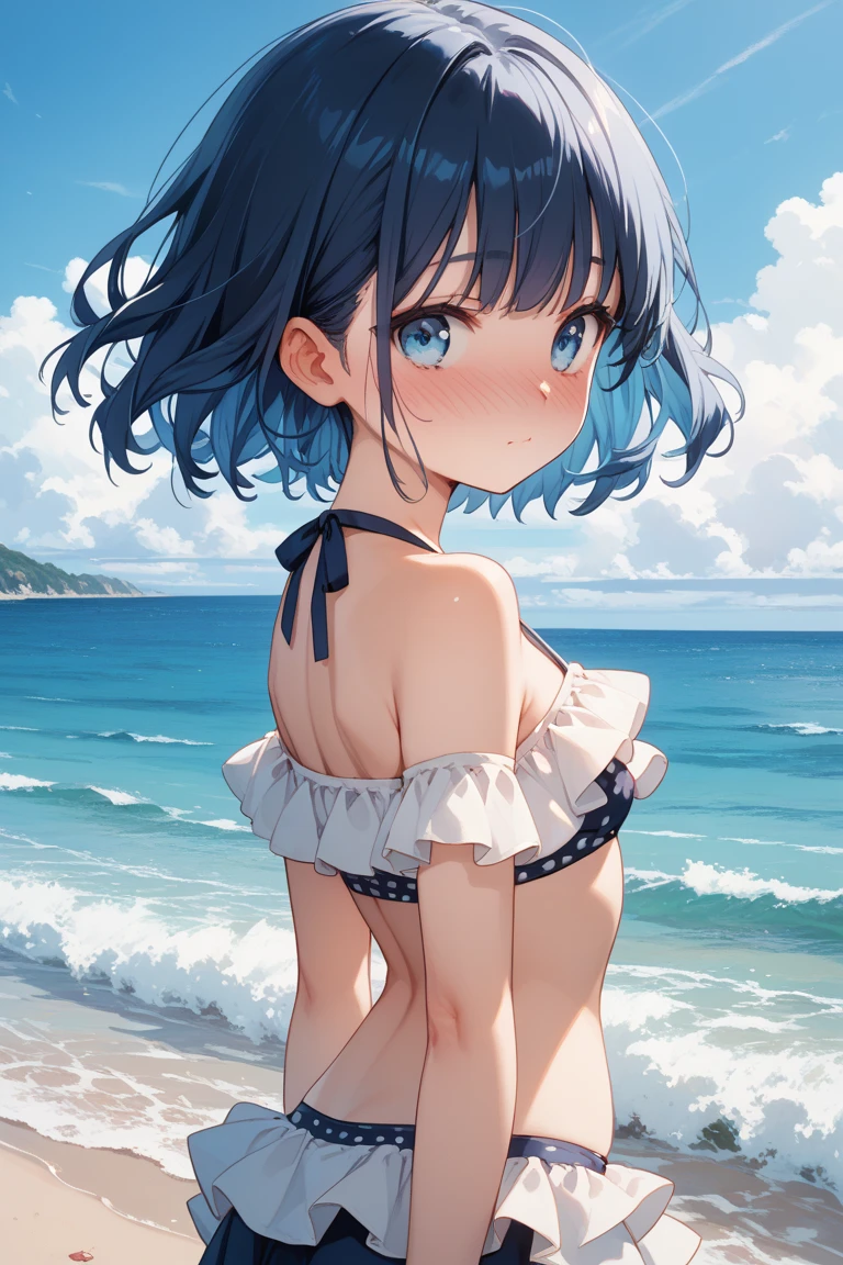 a girl standing in shallow ocean water under a clear blue sky. She has a sun-kissed complexion and a deep violet bob cut hair. She is wearing a two-piece swimsuit with a strap around the neck; the top is bandeau-style with a halter neck strap, featuring a aqua bule color with white polka dots. The top has a sweetheart neckline, accentuated with a small frilly detail along the edge, and it is underwired, providing structure. The matching bottoms have a similar frilly detail along the waistline. Her posture is relaxed yet playful as she gently touches her midriff with both hands, and she offers subtle smile, her head tilted slightly to the side, adding a sense of approachability to her demeanor, high contrast, clean lines, digital painting, vivid colors