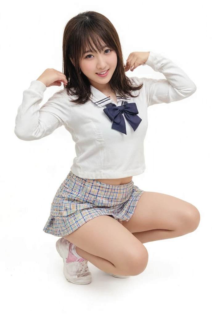((masterpiece, best quality:1.2)),(1girl),(solo),(best quality) ,(realistic full body image),(front image),(kneeling down with legs open),looking at the camera,various poses,show one's side,nice smile,big eyesdroopy eyes with double,eyelids,beautiful Japanese woman,Jpanese schoolgirl,Japanese gal,model,beautiful and white skin,full slender and stylish body,breast augmentation,open your mouth and stick out your tongue,wearing white school uniform and short pants,wearing thin white turtleneck knit dresssquat,wearing school-designated long socks,wearing black basketball shoes