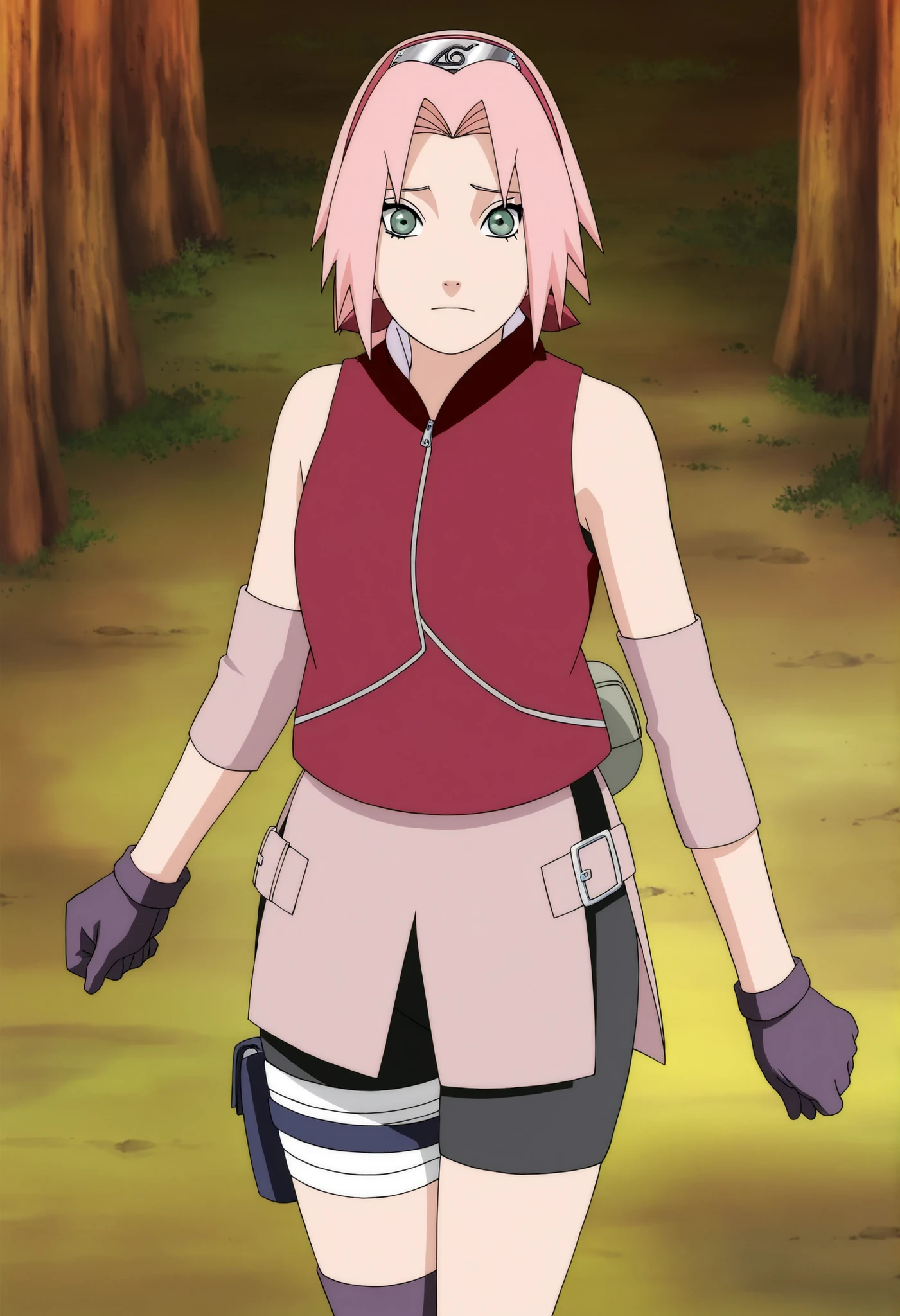 masterpiece, best quality, very detailed, , masterpiece, best quality, eyelashes, (Beautiful Eyes), cowboy shot, anime, Official Illustration, Official anime artwork, anime screencap, anime coloring, masterpiece, best quality, 1girl, solo, sakura haruno\(naruto\), pink hair, green eyes, short hair, shinobi outfit, gloves, shorts, grey boots, boots, heels, heeled boots, bike shorts, toeless footwear, Spandex bike shorts