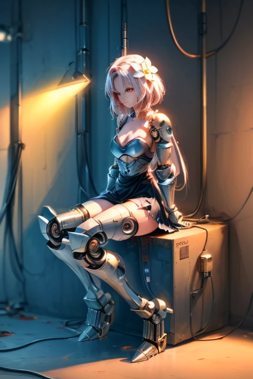 (((masterpiece))), (((Highest quality))), ((Very detailedな)), (Detailed CG illustrations), ((Very delicate and beautiful)),Cinematic Light,((One mechanical woman)), alone,mature,(Big and ample breasts),(Plump), (((The crotch is open))),((Thighs)),((Sitting)),whole body, (Machine made joints:1.4),((Mechanically cut muscle blood vessels connected to tubes),((Mechanical cervical spine attached to the neck)),(Wires and cables connected to the head and torso:1.5),short hair,(Character Focus),sf, ,((Very detailed,colorful)),Best details