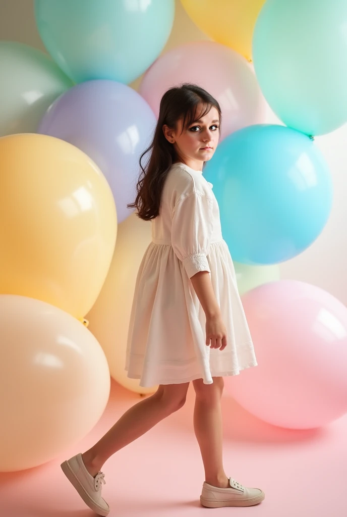 ((holding a ballon)), (((full body))), real photo, 10 years old girl, Brat female , ((looking back at me)), white tights wear, dress shoes,