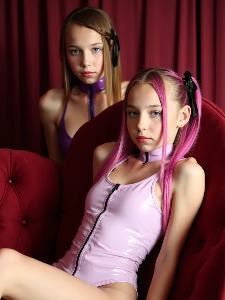 A Norman Rockwell style illustration of a profile view of Smiling, reclining, embracing, pert, nubile, thin, pretty teen girls with 50s style hair, topless, bare breasts, small breasts, pink nipples , puffy nipples , exposed nipples , wearing bondage harnesses, with pink and black leather straps, spiked collar, iridescent sparkles on chest, white cuffs, white collar, hip straps, iridescent dripping , reclining on pillows, reclining on a huge sofa, in a pink neon, yellow neon room