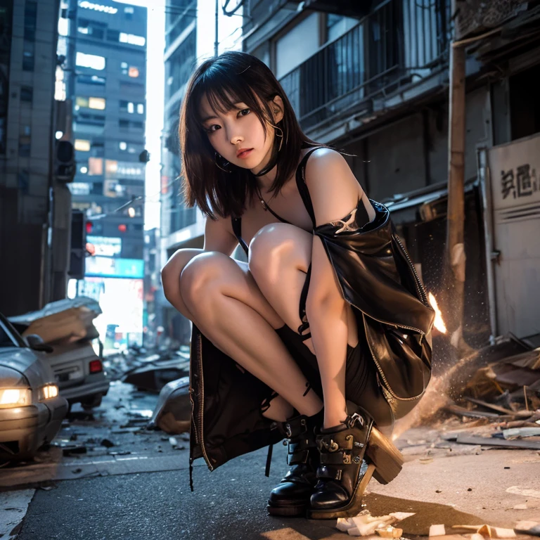 Cinematic horror scene dynamic wide angle-shot of a Japanese girl in a scary old Japanese house, crawling inside a room, soaked wet, rainy, dark night, wearing a leather jacket and a v neck translucid short white shirt and a black pleated miniskirt and leather boots, very short hair, fitted thick legs, booty, hyper realistic female soft skin, wet skin, hyper realistic female legs, Hyper realistic manga style, high quality, 4k resolution-- seed 1211540853