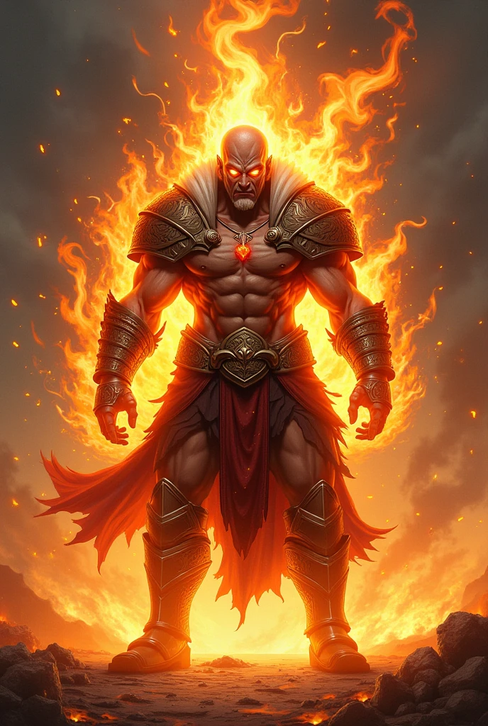 Muscular bald beard medieval Moroccan warrior leather outfit ND Armor fighter Devil in hell flamboyant fire super detailed hyper realistic Dynamic poses 3 points perspective taken scene of centerpiece