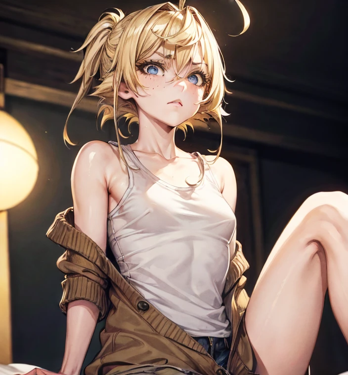 Tanya von degurechaff, Tank top, armpit, no pants, inside the barracks, lots of men, touching her breasts,masterpiece, Top quality, Ultra high definition, Maximum resolution, Very detailed, Clean skin, Anime