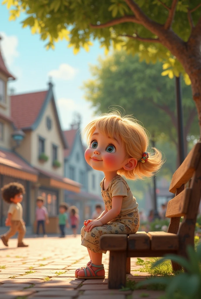 Create a 5 year old with curly blonde hair, skin fair, and dark brown eyes. She is dressed in a beautiful blue dress and is scared to see her dog run away through the gate of her house.. The scene must be in Pixar&#39;s distinctive digital art style.
