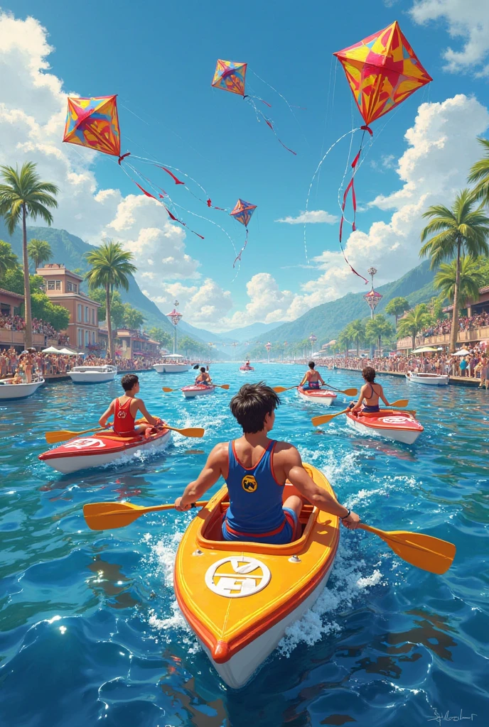 "Illustrate a surreal Wes Anderson-inspired scene where characters in retro swimsuits dive from a trampoline into a colossal, steaming cup of cocoa topped with marshmallow clouds."