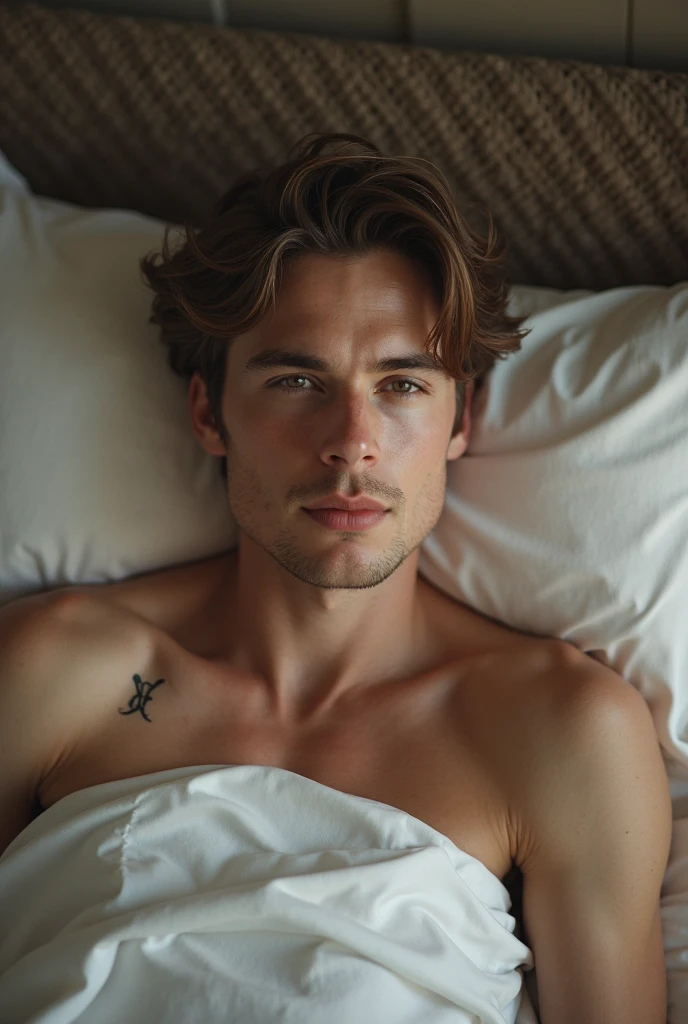 france man, red curly hair, laying on the bed, view in the bed