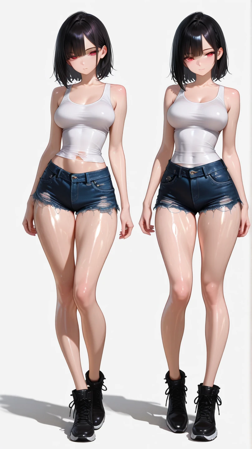 best quality, 1girl, masterpiece ultra detailed, illustration, glossy lips, indoors, standing, big breasts, (((very short denim shorts))), micro shorts, (black latex crop top), light smile, view viewers from the front, tigh strap, underboob cleavage, presenting panties in her hand, bodycon shorts, (((full body)))