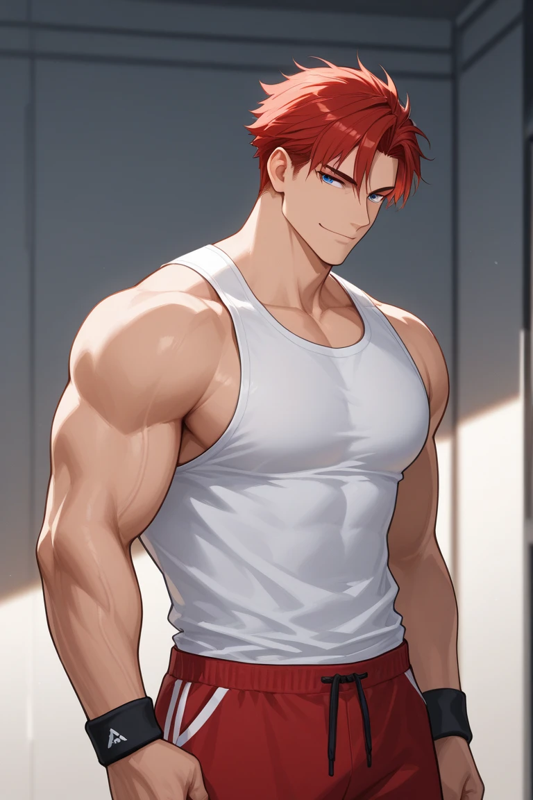 there is a man with red hair and a cross on his chest, muscular!!, muscular character, anime handsome man, in billy herrington body, naoki ikushima, muscular!, muscular male, muscular male hero, beefcake pose, muscular!!!, muscular! fantasy, mid-shot of a hunky, genzoman, fairly muscular