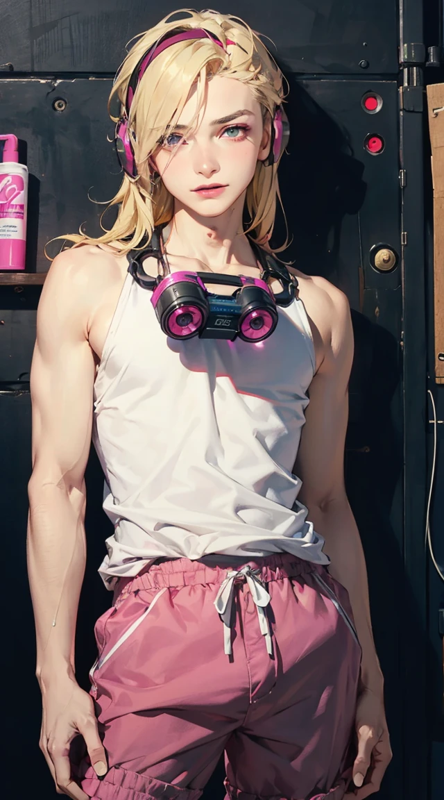 solo,Cyberpunk, 1boy(a Idol boy,blonde hair,delicate white Costume,girlish,Long hair,Magenta eyes, spiral eyes, Male chest,Male crotch,Male Body,Male shape,fucked silly,sleeveless undershirt,Cute Hot Pants,
Surrounding area is full of makeup products and makeup advertisements,
hypnosis goggles ,mind control headphones , brainwash machine,
fair skin,Shyly covering the body,Delicate skin,Slim hands,Small waist,Slender,Smooth)