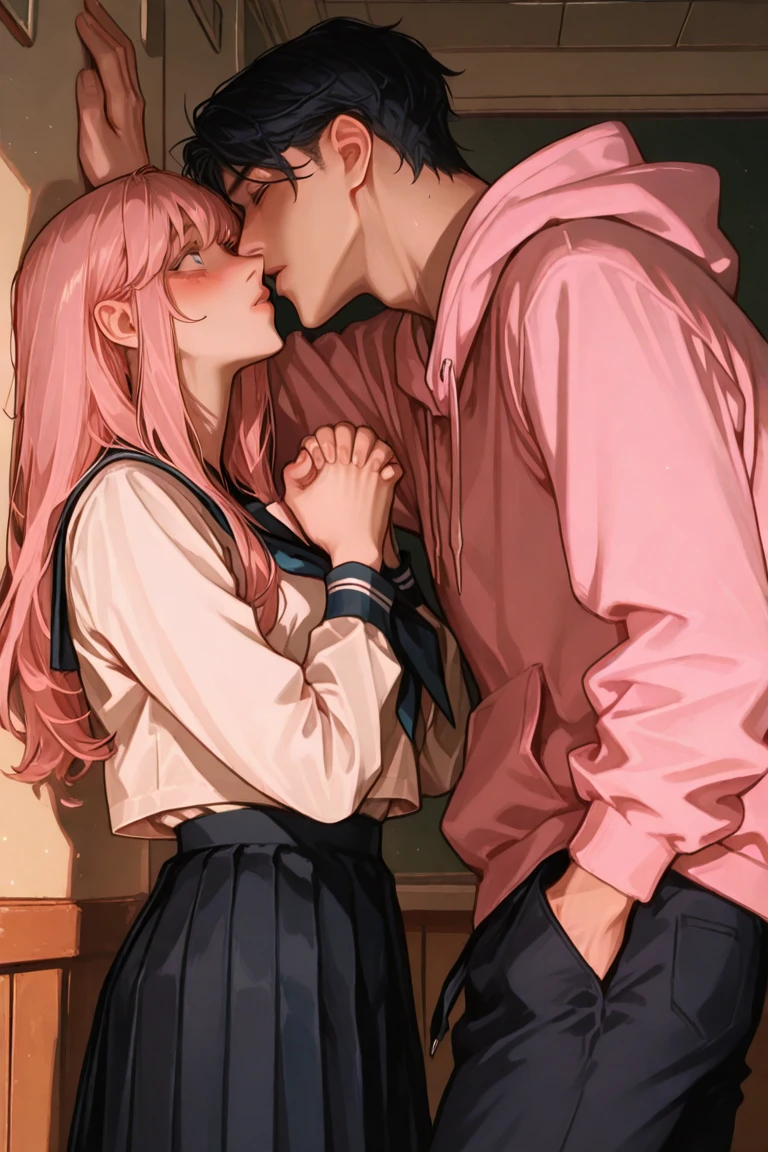 A beautiful woman having sex with a man in a school classroom