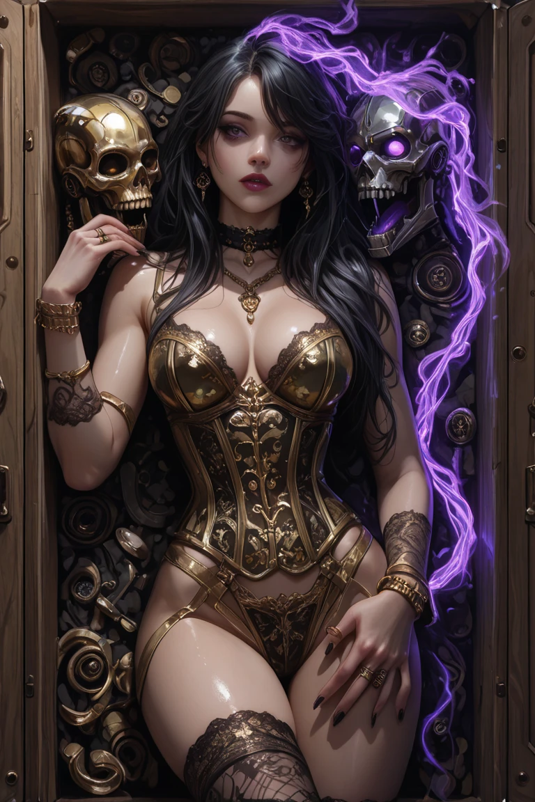 striated hair, asymmetrical bangs, crystal hair, Shiny hair, anchor choker, skull hair ornament, crystal earrings, red blush, cleavage of the breast, abdominals, thighs thighs thighs thighs, (Very shiny skin), (very juicy skin),Richly decorated metal bikini armor、Richly decorated intricately shaped cape、robe、cloaks、 Cinematic lighting, spark of light, reflective light, drop shadow, Best Quality, masutepiece, Anatomically correct, Textured skin, Super Detail, hight resolution, in 8K, Antique furniture on the back shelf,Luxurious antique bed, Lots of skulls, Candle standing on the skull, Skull Cup,Lots of antique lamps、Candle flame、Dynamic Actions、dynamicposes