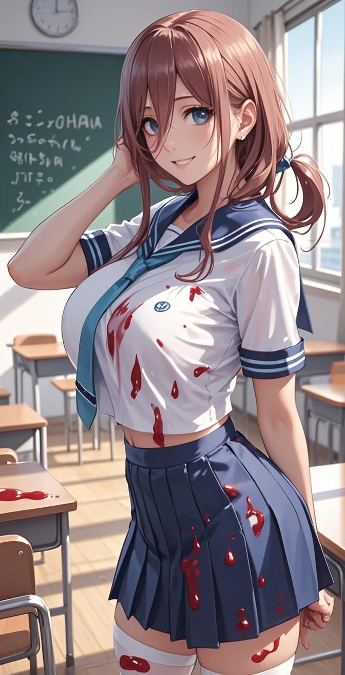 Absurd resolution, (sharp focus:1.2), masterpiece, ultra detailed, cinematic lightings, volumetric lighting, attractive young woman, (beautiful face:1.1), detailed eyes, luscious lips, (perfect body:1.2), high resolution, (masterpiece:1.4), super detailed, (((detailed face, detailed expression)), 1girl, solo focus, ponytail hair, (high ponytail, short ponytail), (school uniform:1.3), (croptop, midriff cutout, collarbone exposed), detailed collarbone, perfect collarbone, (see through:1.4), (see through shirt:1.3), cleavage, upper body, cowboy shot, background in classroom, at night, dark place, dim lights, (mirrors), (broken glass:1), pleated skirt, short skirt, mini skirt, micro skirt, perfect legs, perfect thighs, (bloody:1.3), (blood on face, blood on body), gore, killer face, yandere, detailed iris, sparkle eyes, cross in eyes, madness, murderer, no expression, emotionless, hidden smile, red eyes, (red hairband1.3), (red hair ribbon:1.3), (multicolored eyes), (blood splashes), (brown hair:1.3), (messy hair:1.3), (hair between eyes), (hair over one eye:1.4), (wavy hair:1.1)