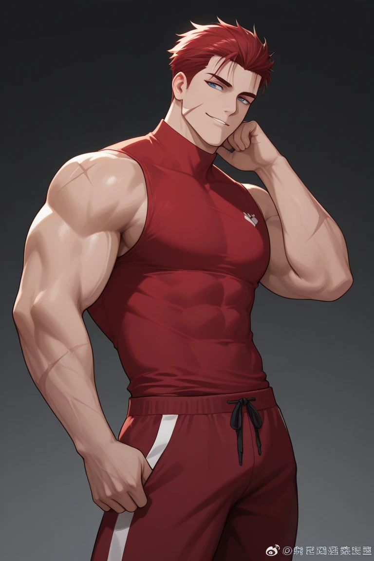 best quality, masterpiece, extremely detailed, solo, close up of muscular bodybuilder man's torso, hands hold open red tracksuit jacket, "700" label on his jacket, exposed chest, left nipple ring, big plain silver medal hang from his neck, tracksuit pants lowered to hips, hips exposed, no background, gay, homoerotic, ambient lighting, extremely dramatic shadows, perfection, no watermark, no logo, no signature