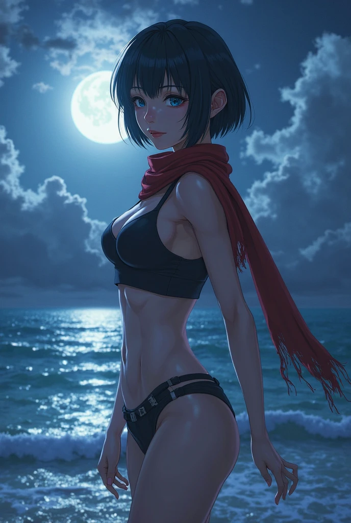8K, Top Quality, Intricate Details, Ultra Detail, Ultra High Resolution, Masterpiece, random angle, mikasa ackerman, Slender, Smile, (Makeup: 0.4), (Fluffy Blue Eyes: 1.21), blue Eyes,, ((full body)), 1girl, solo, 1 girl, (( full body)), close-up shot, , , ((tall)), (((fit body))), (((slim face))), sharp face, sharp eyes, (((black hair, short hair, bangs )) ,(detailed face), sharp face, small lips, thin lips,
((red scarf, crop top, thigh strap)), detailed face, detailed breast, , large breast, detail, , Beautiful girl with accentuated slender abs: 1.4, Six Pack Abs: 1.4, Bust Botox, Big, Perfect Body, detail leg, (( moonlight)), ocean