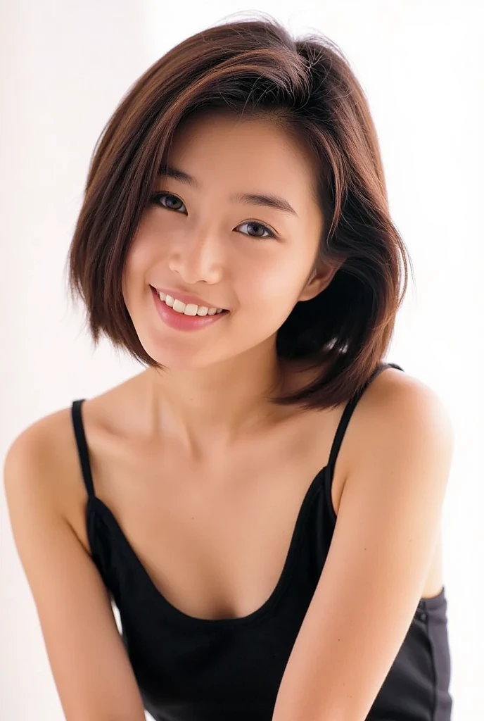 In front of the white wall of a stylish white hotel room with the morning sun shining in、On the bed、18-year-old female、Realistic Skin、((Dark Eyes))、A shy smile、Medium Short Hair、Grey T-shirt、Yoshitomo Nara, shikamimi, Chiho, mayuri shiina, A real young gravure idol, beast, , Kotegawa Yui, 8k、narumi kakinouchi